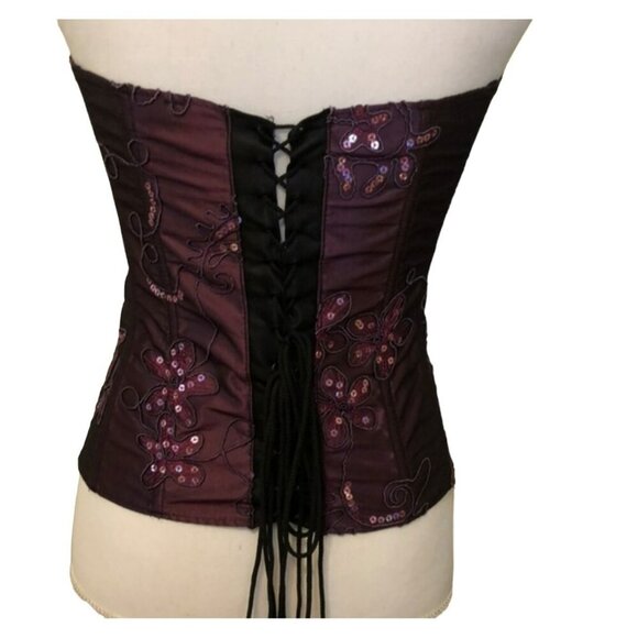 Purple Satin Floral Embroidered Corset With Sequins & Lace-Up Back Design Medium - Picture 2 of 14